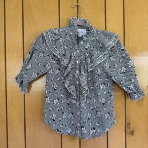 The Shirt Rochelle Behrens Floral Button Down XS  Frilled Shirt Top Black White